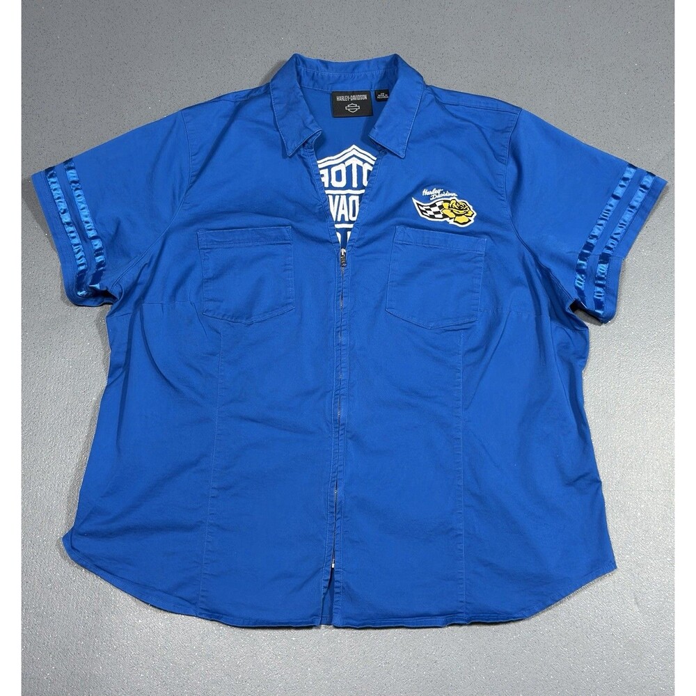 Harley Davidson Womens Top 3W Royal Blue Full Zip Bar Shield Logo Plus Size RARE